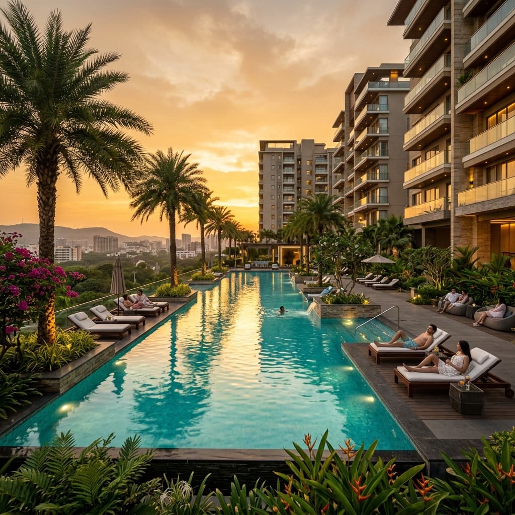 Stunning tropical infinity pool at Venkatesh Vanaya, Kharadi, Pune